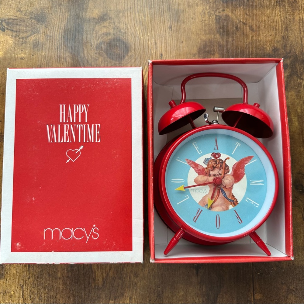 Vintage Macy’s Happy “Valentime” Red Peg Leg Alarm Clock with Twin Bells, Cupid